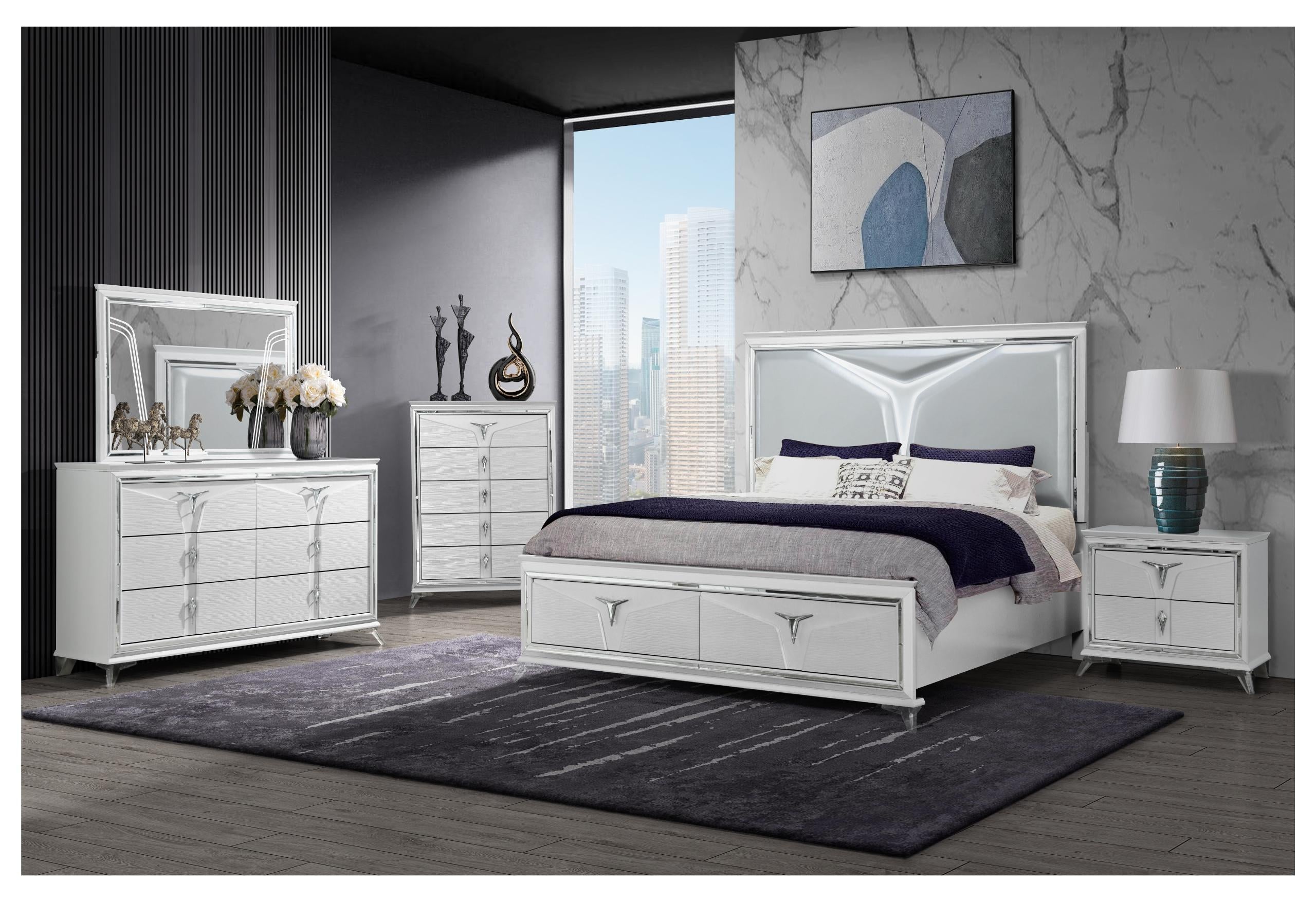 ROMO WHITE KING BED GROUP WITH LED