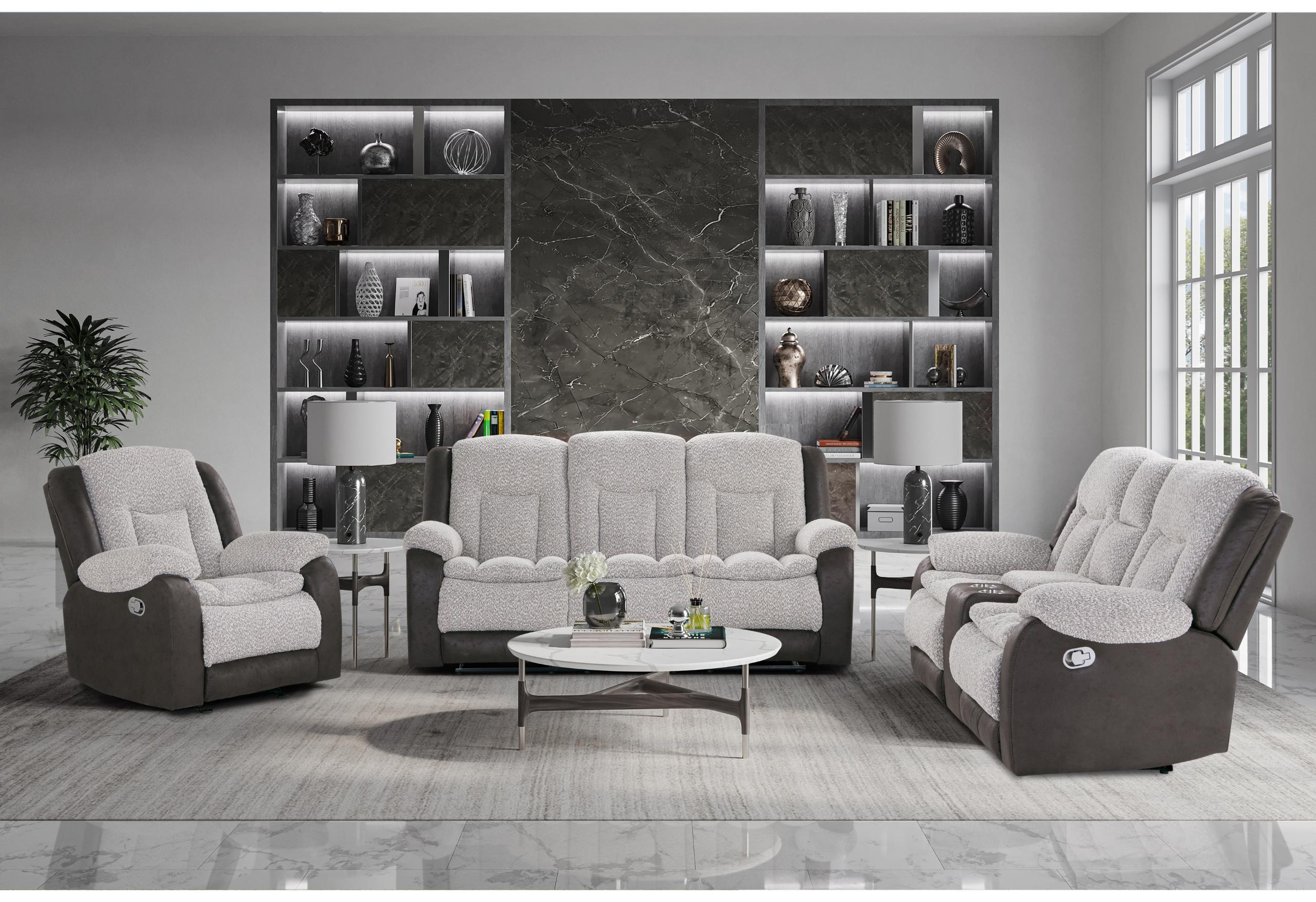 U4377 GREY/BROWN RECLINING SOFA WITH DROP DOWN TABLE/CONSOLE RECLINING LOVESEAT/GLIDER RECLINER