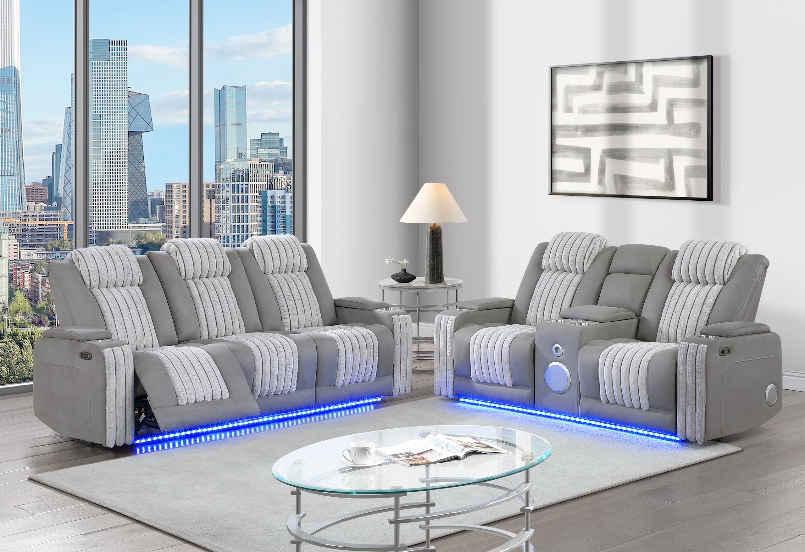 U8000 GREY PWR REC SOFA/PWR CONSOLE REC LOVESEAT W/PHR
