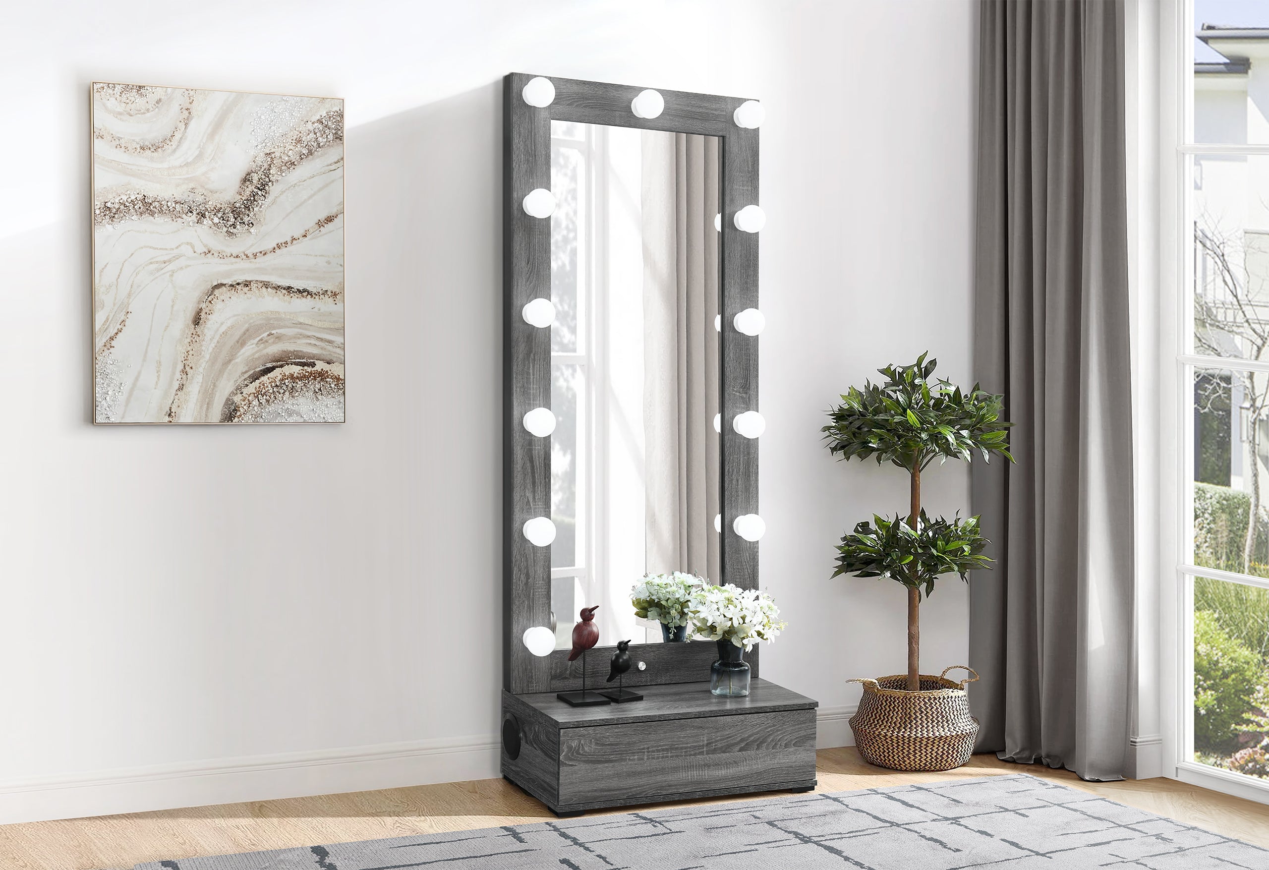 LEXI GREY TALL MIRROR WITH DRAWER AND SPEAKERS