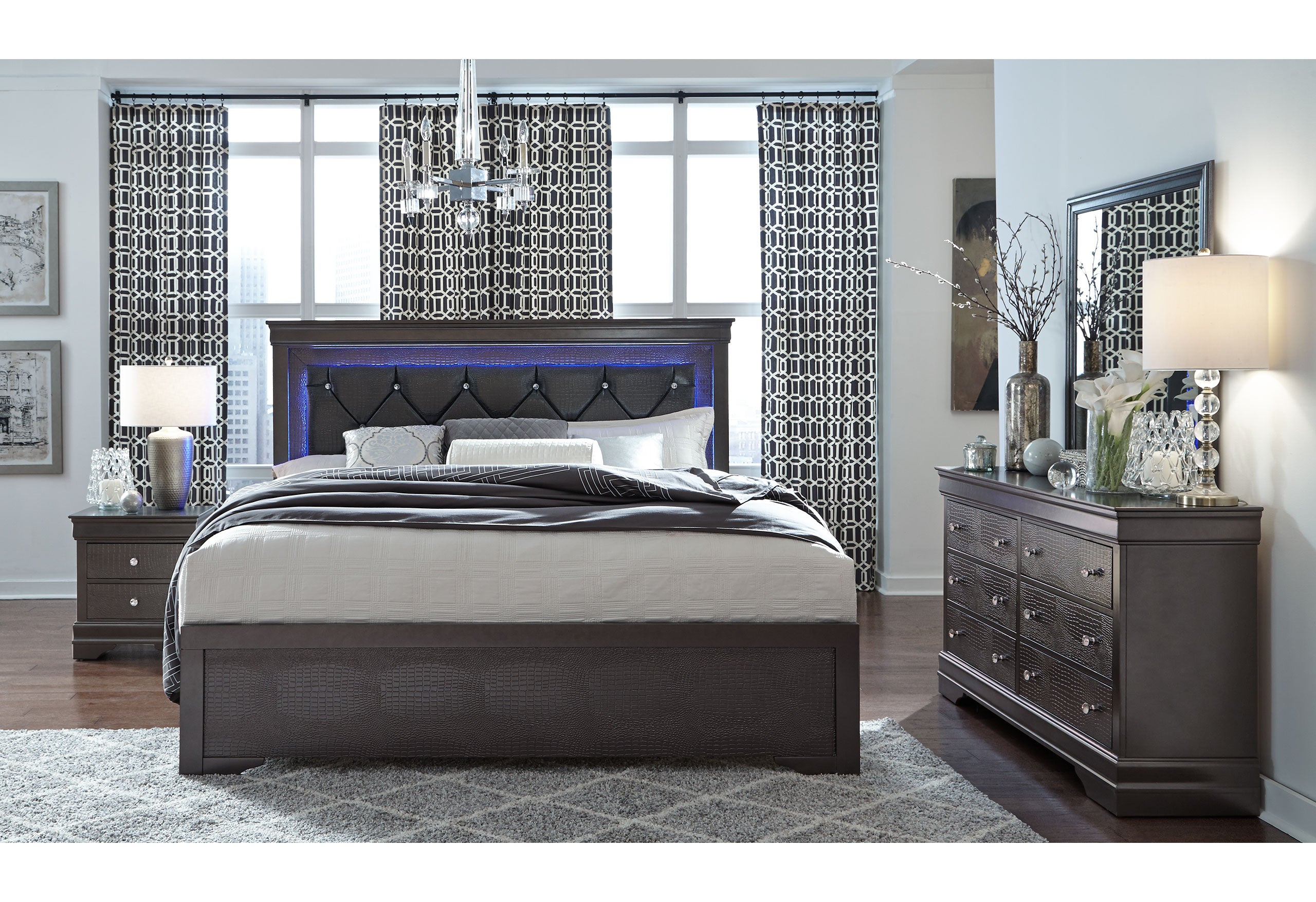 POMPEI METALLIC GREY KING BED WITH LED, DRESSER, MIRROR AND NIGHTSTAND