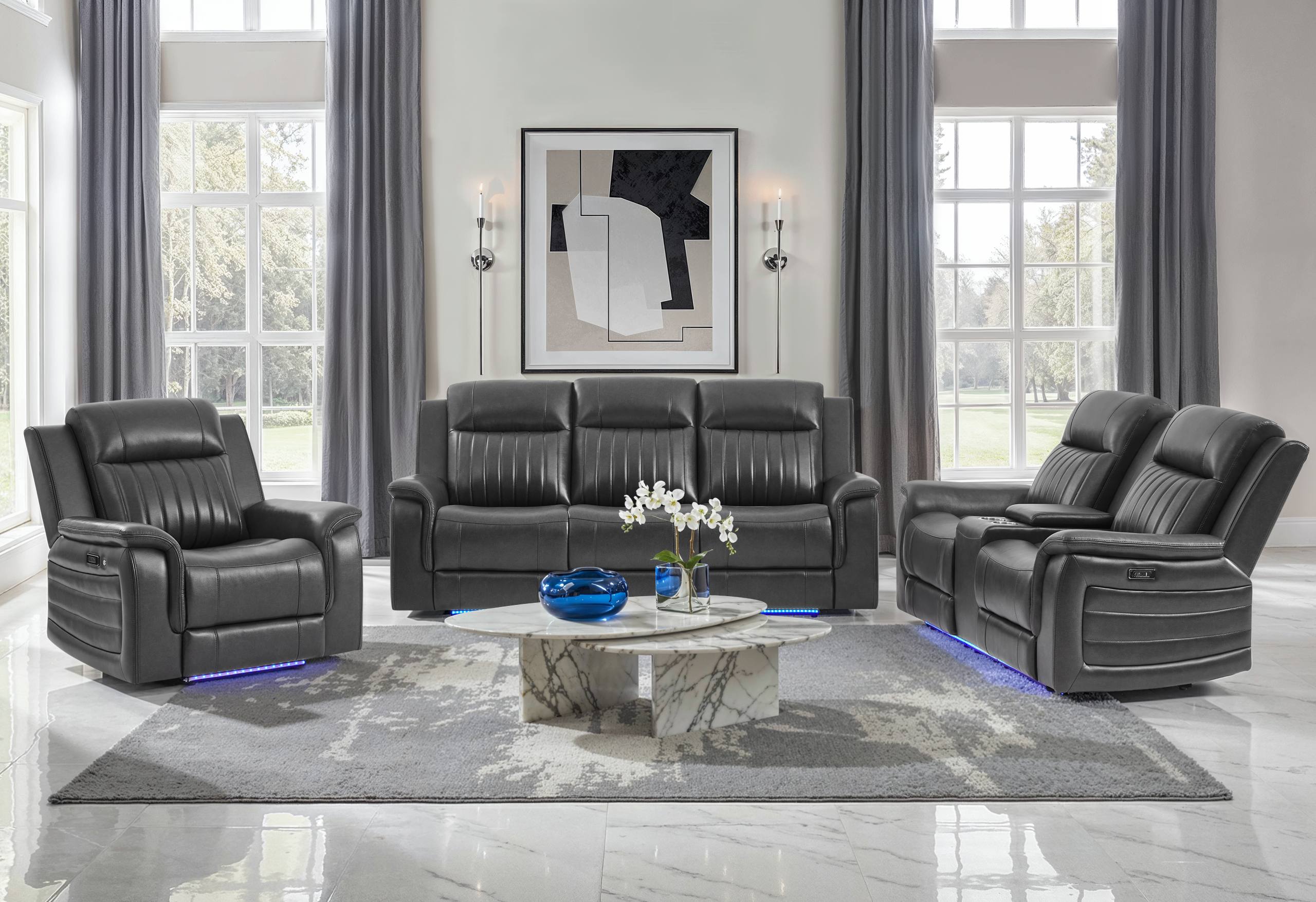U8879 CHARCOAL PWR REC SOFA/PWR CON REC LOVESEAT/PWR REC W/LED & GL SS