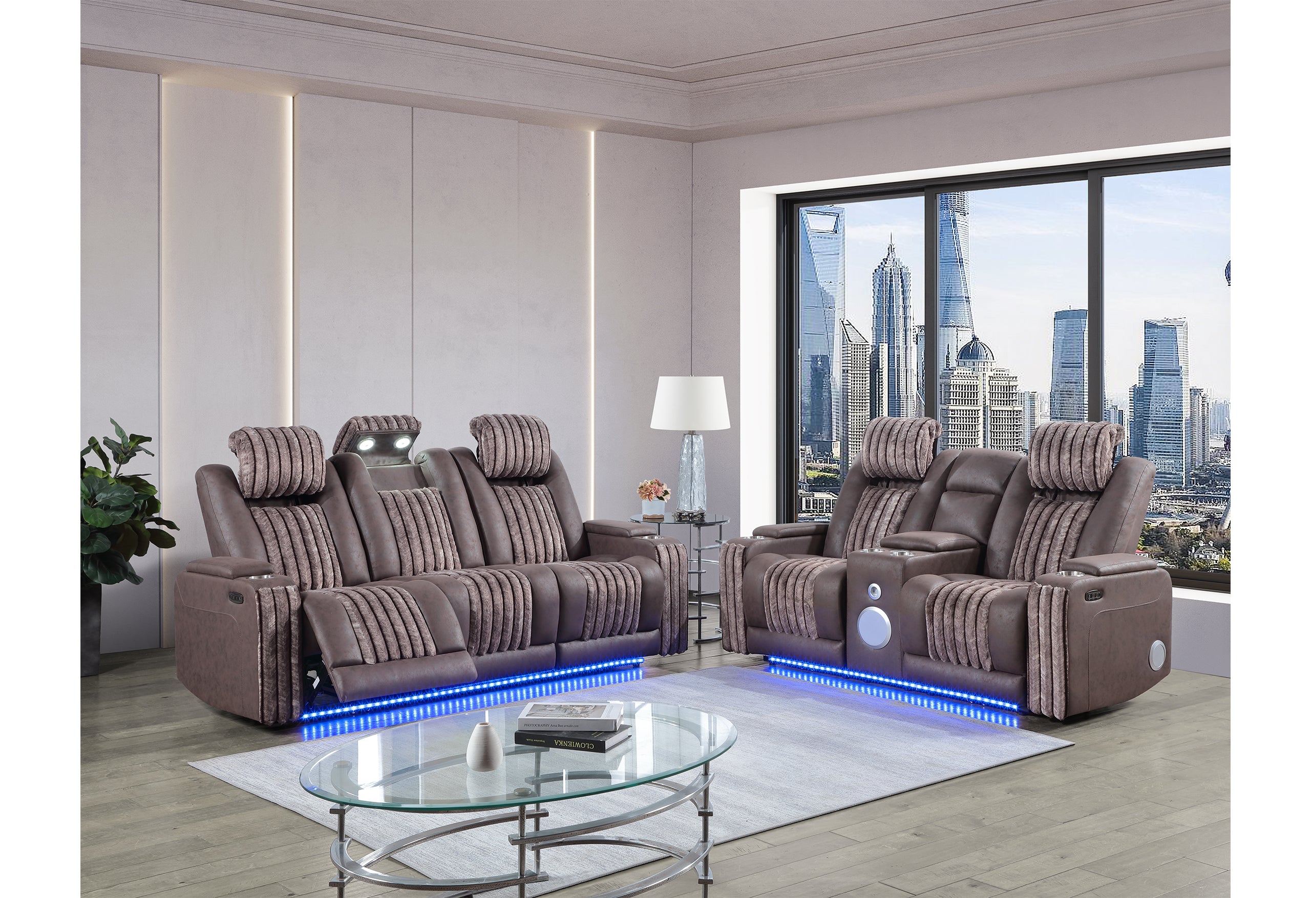 U8000 BROWN PWR REC SOFA/PWR CONSOLE REC LOVESEAT W/PHR