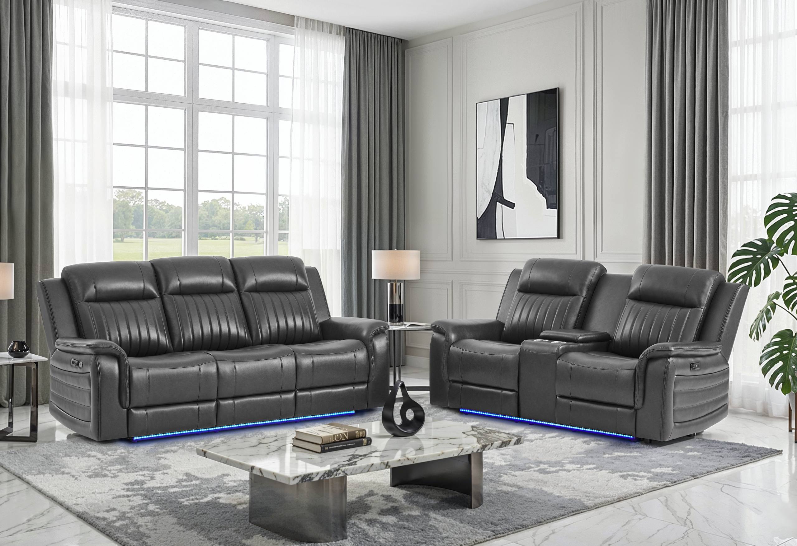 U8879 CHARCOAL PWR REC SOFA/PWR CON REC LOVESEAT W/LED & GL SS