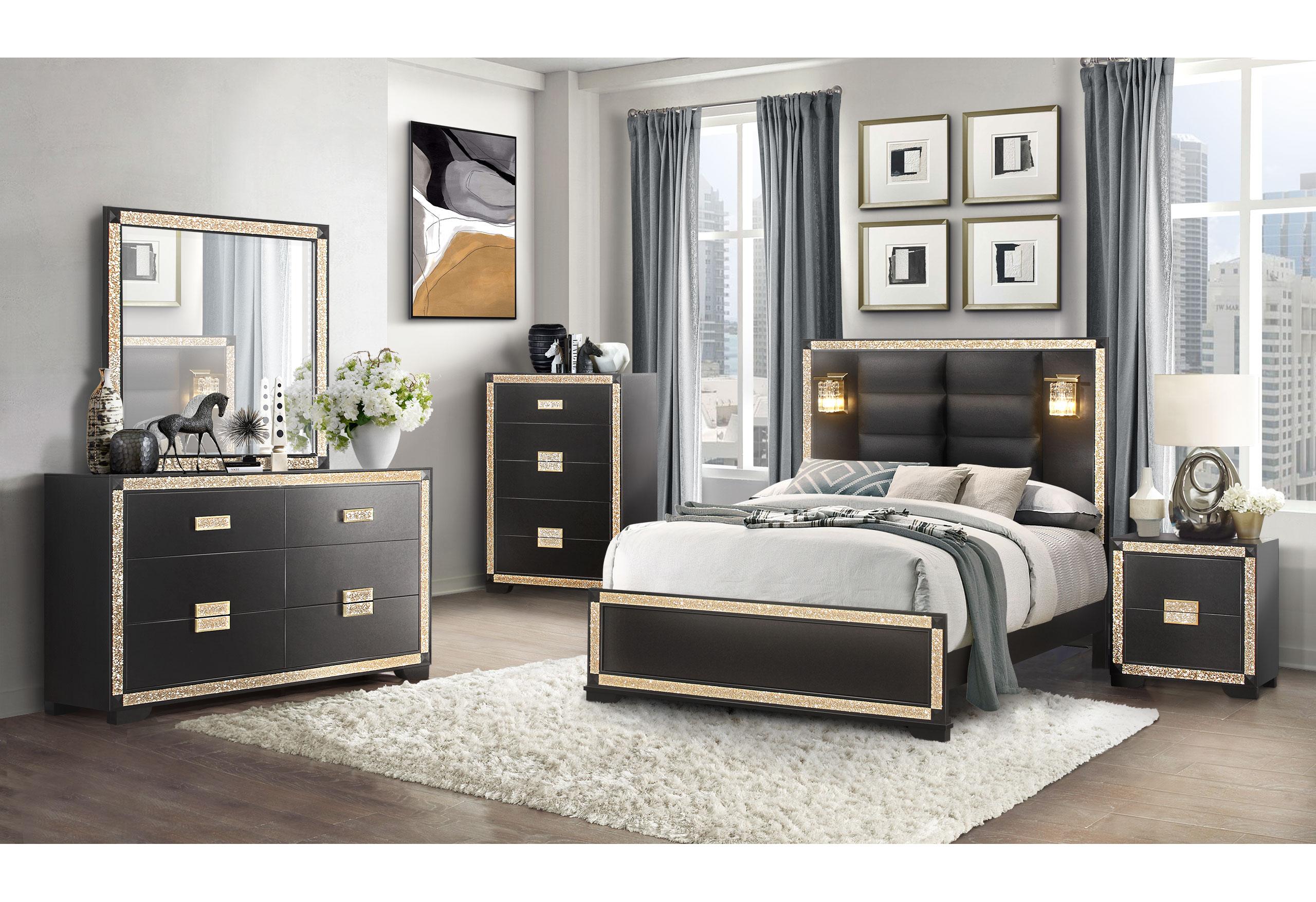BLAKE BLACK/GOLD KING BED WITH LAMPS, DRESSER, MIRROR, NIGHTSTAND