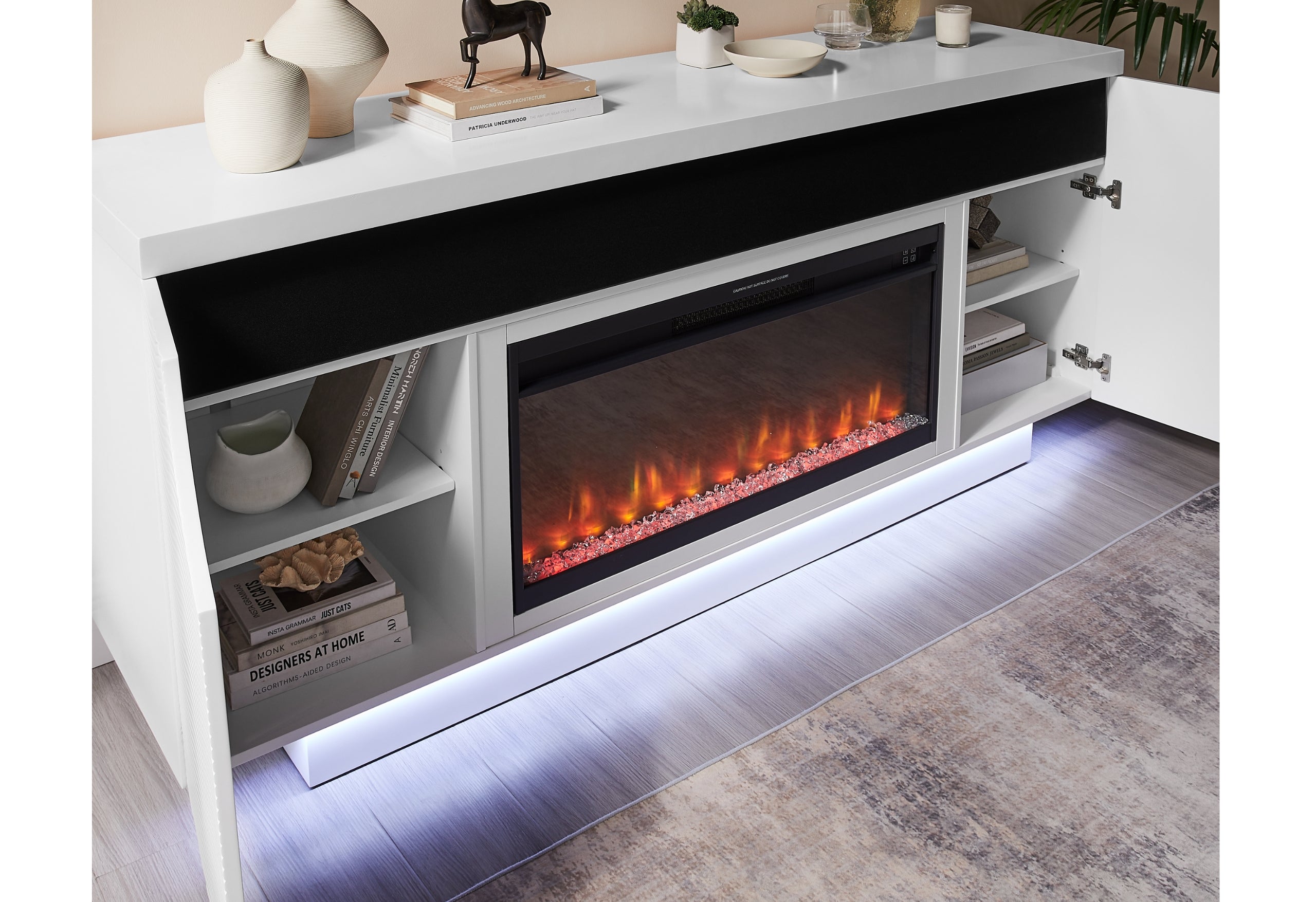 AILEEN WHITE 76" ENT UNIT W/LED, SPEAKERS, CRYSTAL AND POP-UP DOORS
