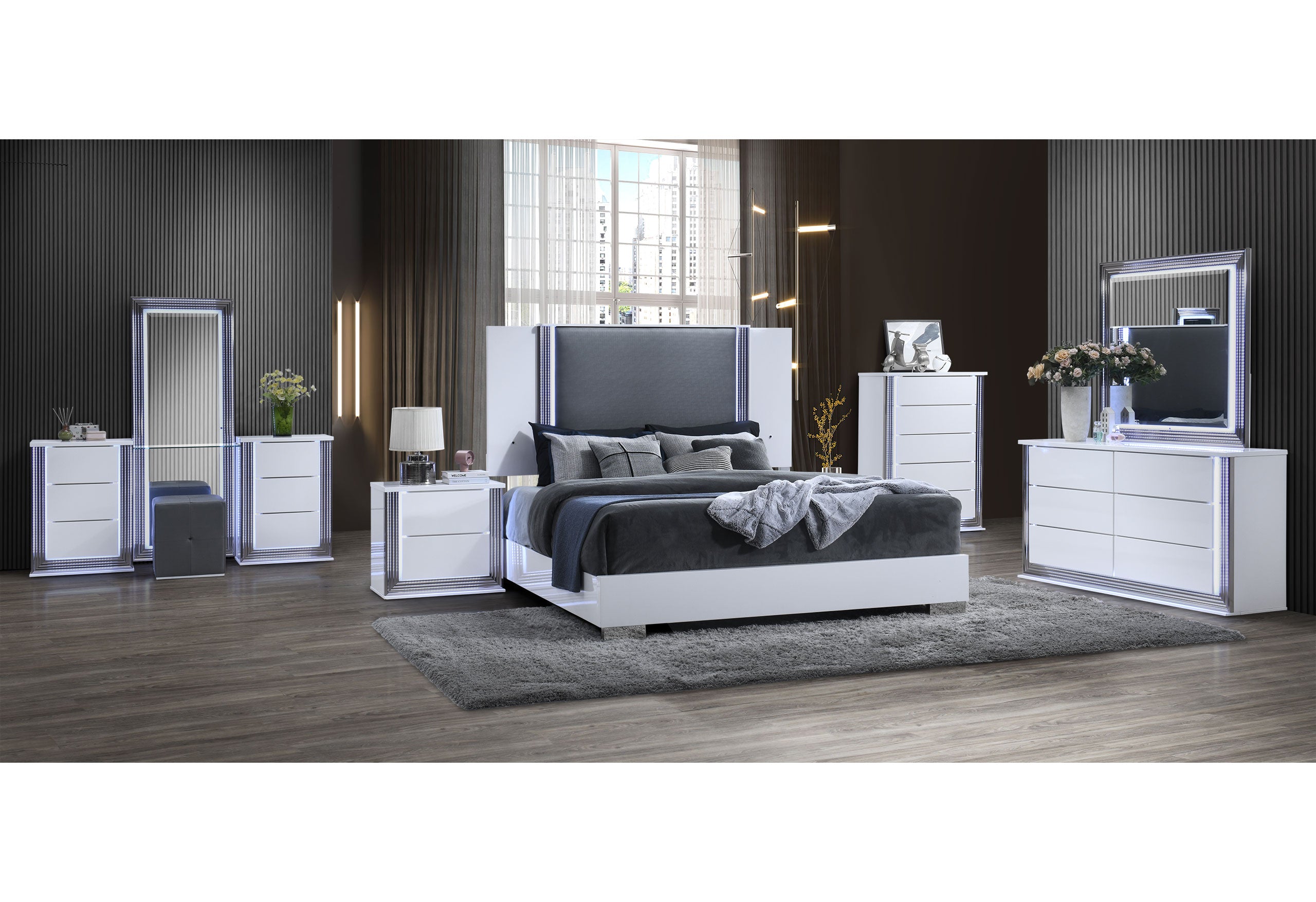 YLIME SMOOTH WHITE KING BED GROUP FULLY SLATTED