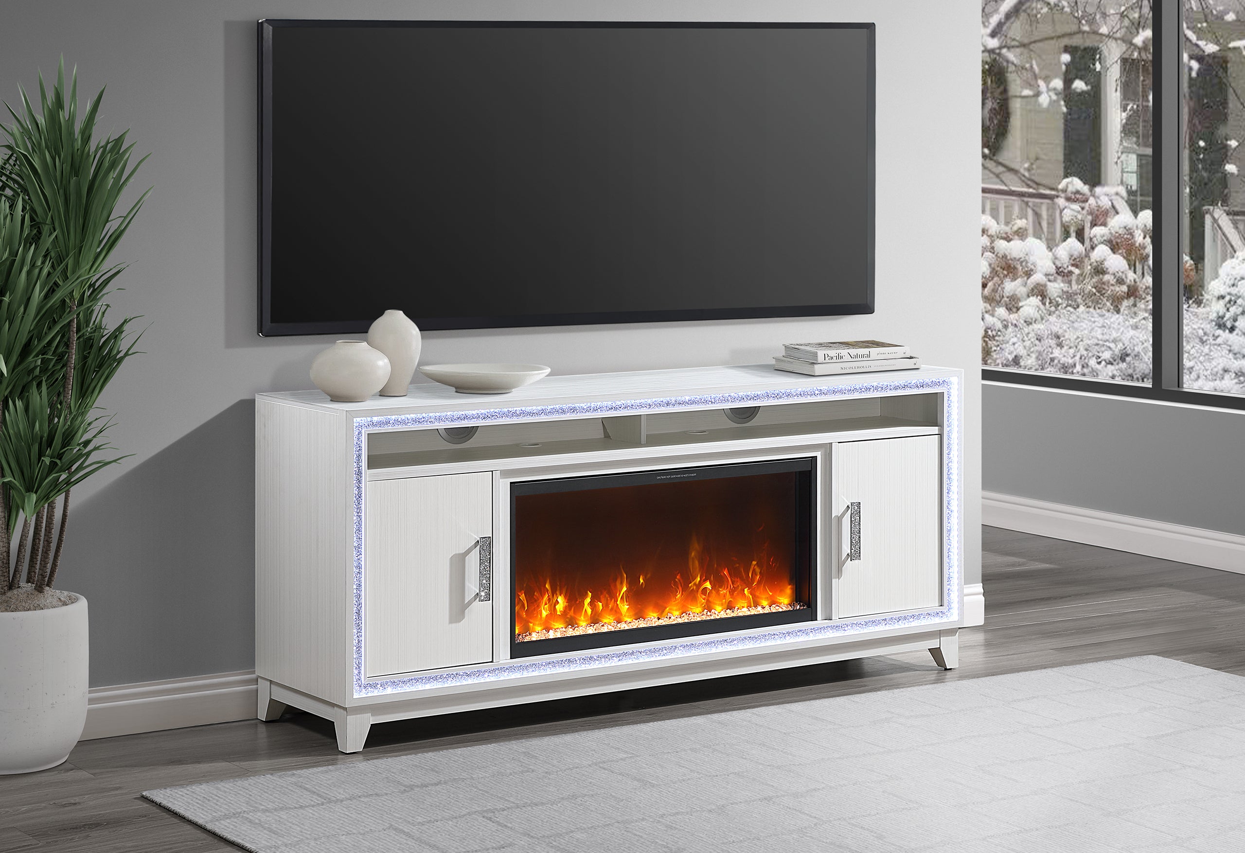 LILY WHITE ENTERTAINMENT UNIT 72 W/ LED, SPEAKERS, CRYSTAL INSERTS
