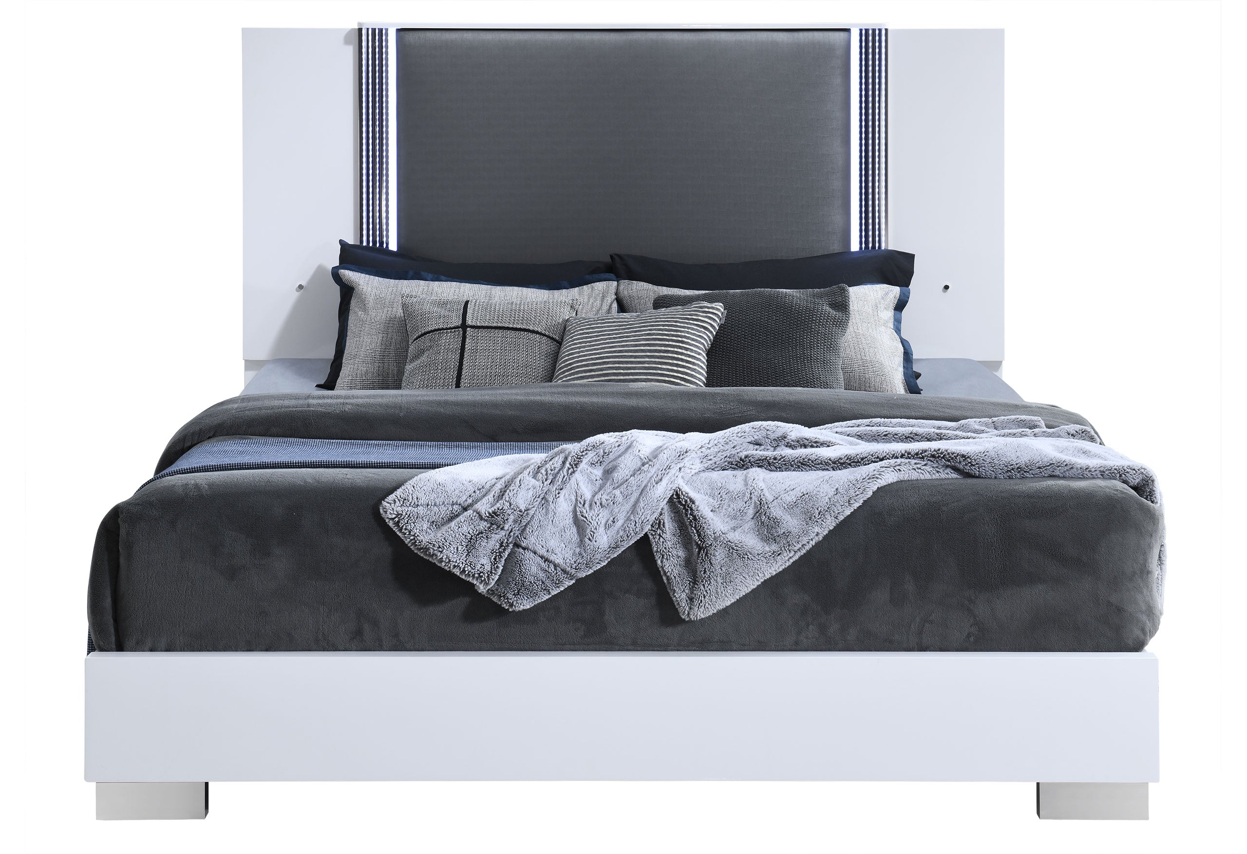YLIME SMOOTH WHITE KING BED, DRESSER, MIRROR, NIGHTSTAND